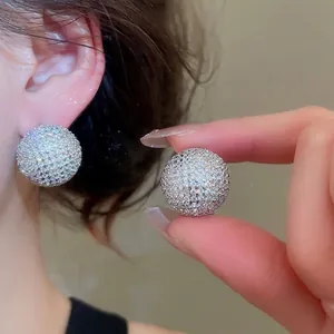 Sparkly Cubic Zirconia Sphere Stud Earrings With Silver Earring Post Copper Round Pavé Luxury Fashion Jewelry For Women