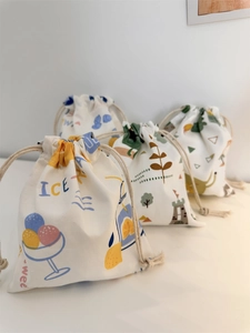 Canvas Drawstring Pouch Bag Portable Storage Small Cartoon Print For Jewelry Makeup Earphone Accessories Travel