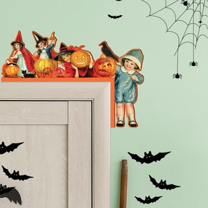 Detail of vintage Halloween wooden door corner decor featuring witches and a black cat