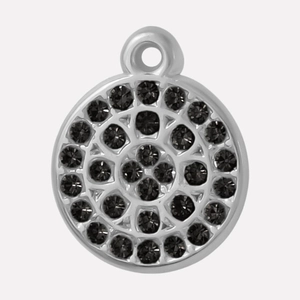 Macro shot of 304 stainless steel round pendant with black zircon pavé setting