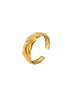 Detailed close-up of adjustable golden ring with artistic twisted wave texture and matte finish