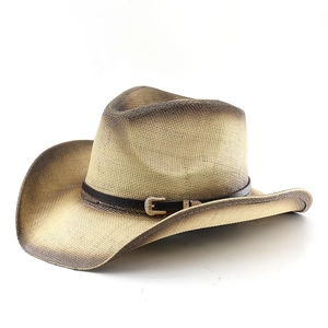 Straw western cowboy hat with gradient finish and black faux leather belt buckle