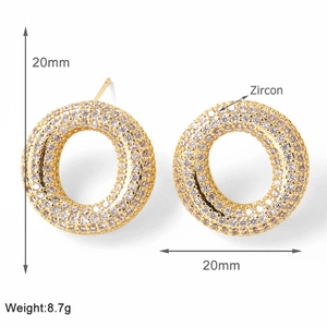 Detailed view of 20mm gold round earrings with micro-pave zircons and size annotations