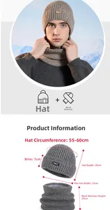 Detailed size specifications for grey knitted winter beanie and neck warmer set