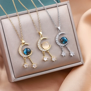 Crescent Moon Star Pendant Necklace Titanium Steel With Zircon And Starry Sky Stone Jewelry Gift For Women Elegant Style