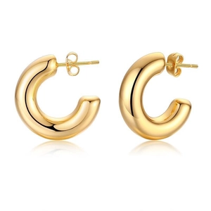 Classic golden thick C-shape hollow hoop earrings in stainless steel on white background