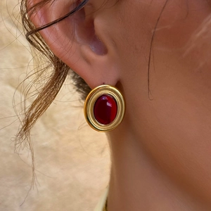 Elegance stainless steel earrings with oval red agate pendant and gold plating for women
