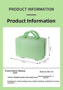 Detailed dimension guide for light green 14-inch mini hardshell makeup suitcase