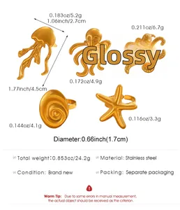 Size chart showing stainless steel ocean rings with jellyfish, starfish and octopus themes
