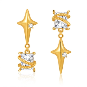 Luxury 18K gold-plated square zircon star earrings with asymmetrical design for women
