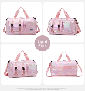 Macro views showing light pink laser holographic gym bag from multiple angles and details