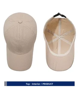 Detail view of beige mesh baseball cap showing breathable top and reinforced inner lining