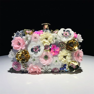 Floral beaded evening clutch with 3D handmade flowers for wedding party and banquet use