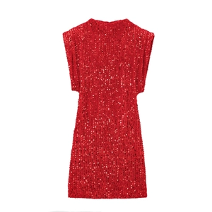 Back view of a chic red sequin sleeveless mini dress with a slim fit silhouette