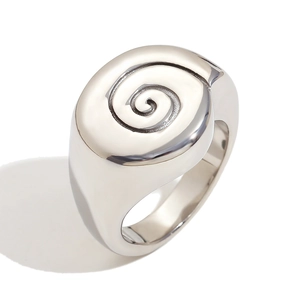 Polished silver stainless steel spiral ring with a unique vortex design on white background