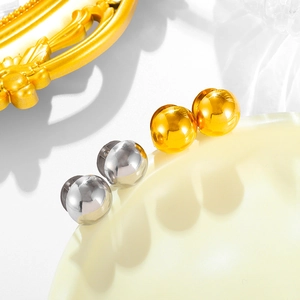 Polished stainless steel round ball C-shape earrings in gold and silver finish