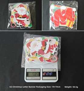 Detail showing Christmas banner packaging dimensions 19x19cm and weight of 58.5g
