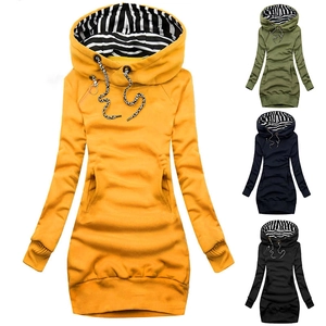 Detail of hooded sweatshirt dress featuring striped hood lining and kangaroo pocket