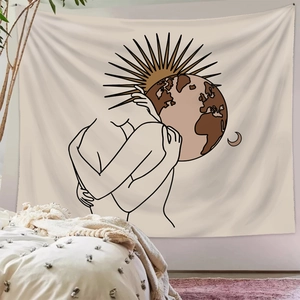 Bohemian tapestry featuring abstract human figures and celestial line art on a beige wall