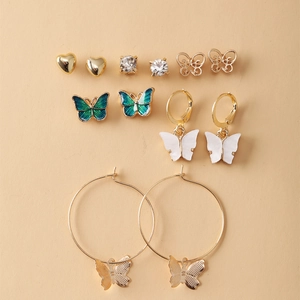 6-piece French vintage gold earring set with faux pearls and butterfly charms for women