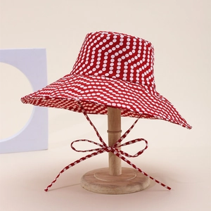 Red and white polka dot wide brim sun hat with adjustable cotton windproof strap