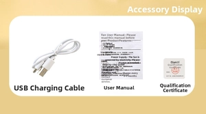 Neck fan accessories showing USB charging cable, user manual, and quality certificate