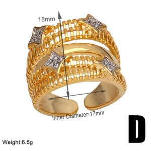 Detail view of gold-plated open ring with star motifs and zircon pavé 18mm height