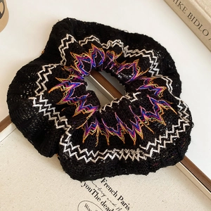 Détail macro d'un chouchou en dentelle noire avec broderie ethnique sur papier vintage
