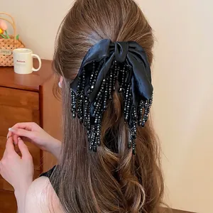 Pince À Cheveux Noeud En Satin Élégante Avec Glands Perlés Rétro Grande Pince Crabe En Tissu Pour Femmes