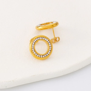 Elegant gold round hollow zircon stud earrings with sparkling crystals for women