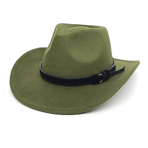 Detail view of olive green wool cowboy hat with black leather band and gold metal ring