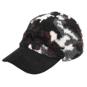 Winter plush camo baseball cap with black corduroy brim and fleece camouflage crown