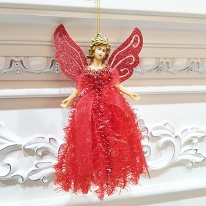 Christmas angel doll ornament in red and gold with glitter wings for tree decoration