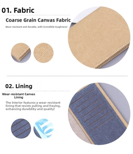 Detailed view of coarse canvas fabric and durable blue lining with multiple card slots