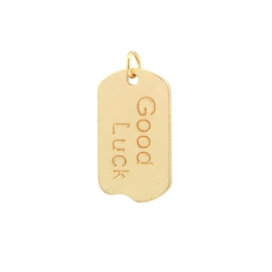 Gold rectangular pendant with Good Luck engraving and polished metallic finish