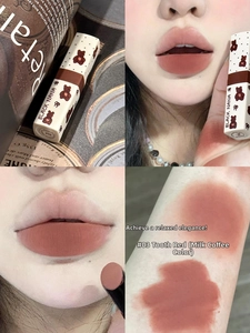 Matte velvet teddy bear lipstick in milk coffee brown shade with lip and arm swatches