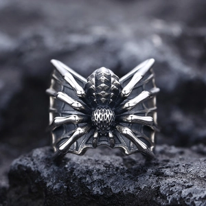 Adjustable punk style spider ring in vintage silver finish with web pattern band