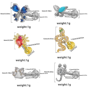 Detail view of assorted animal labrets including scorpion and snake motifs with size specs