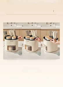 Detail of multi-functional rotating kitchen organizer with knife slots and spice drawers