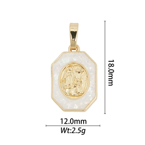 Macro view of 18k gold plated octagonal religious pendant with opal inlay and measurements