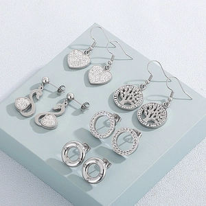 5-pair silver stainless steel earring set with heart, swan, and tree of life designs