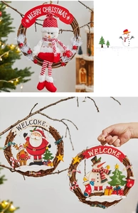 Detail of Christmas wreath featuring plush snowman and reindeer on natural rattan loop