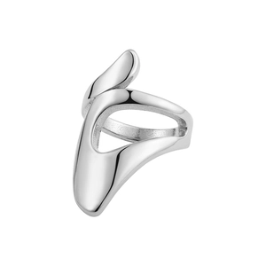 Detail of highly polished silver knot ring featuring fluid irregular geometric lines