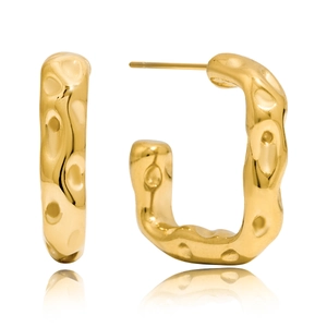 Close-up of golden C-shaped square earrings with unique hammered metal texture and glossy finish