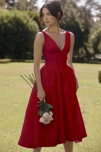 Detail of elegant red floral slim fit maxi dress with V-neck and spaghetti straps
