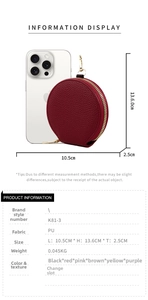 Mini round red PU leather coin purse showing 10.5cm diameter size and metal zipper