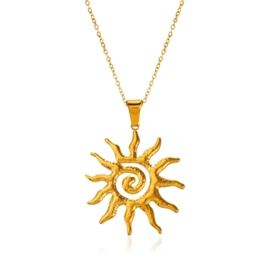 Minimalist stainless steel sun necklace with golden spiral pendant on white background
