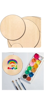 Macro detail of natural round wood slices for DIY crafts and watercolor rainbow painting