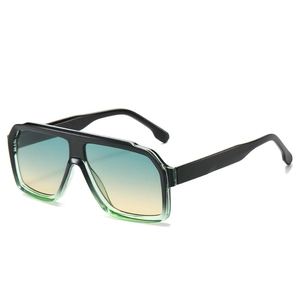Retro square frame sunglasses with black and green gradient lenses on white background