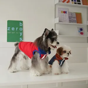 Quilted pet winter vest with contrast corduroy collar in red and navy for small dogs
